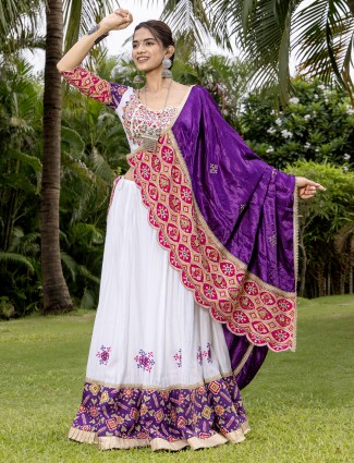 White and purple silk navratri lehenga choli