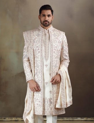 Cream crochet long jacket sherwani with dupatta and pant