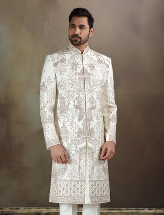 Cream crochet sherwani with Pant for wedding wear