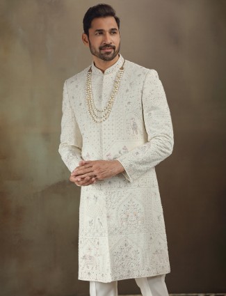Royal cream georgette sherwani for men