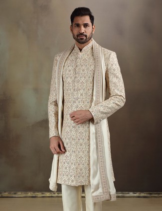 Cream gold silk sherwani with dupatta and pant