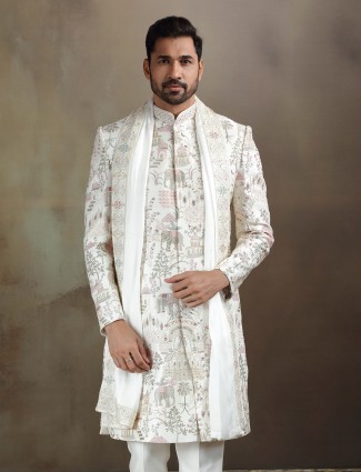 Cream linen satin sherwani with dupatta 