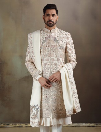 Peshwai style cream silk sherwani with dupatta