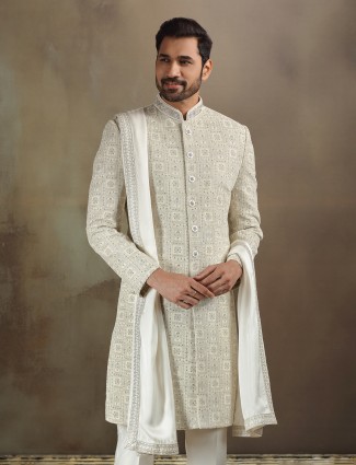 Cream silk sherwani with dupatta and pant