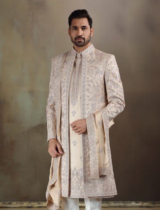 Light gold crochet long jacket style sherwani with dupatta