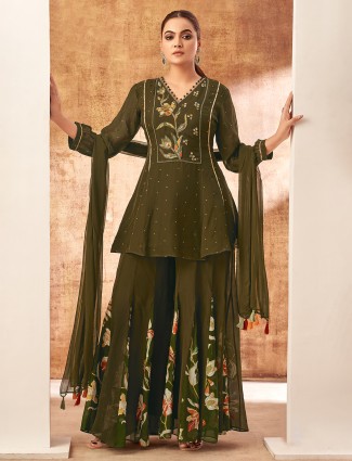 Mehendi green printed palazzo suit in soft georgette