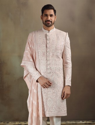 Peach georgette sherwani with dupatta
