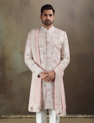 Peach georgette sherwani with embroidery work