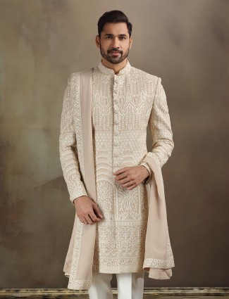 Peach silk sherwani with dupatta and pant