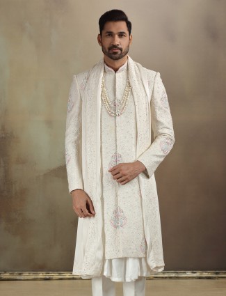 Peshwai style cream banarasi silk sherwani for wedding