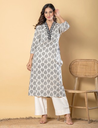 Cream and black cotton silk printed kurti palazzo set