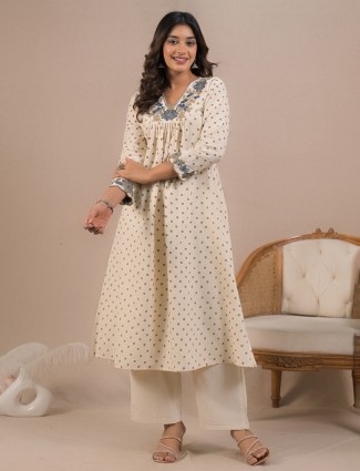 Cream cotton silk printed kurti palazzo set