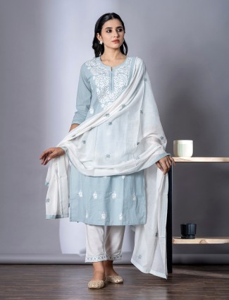 Grey cotton straight cut kurti set with dupatta