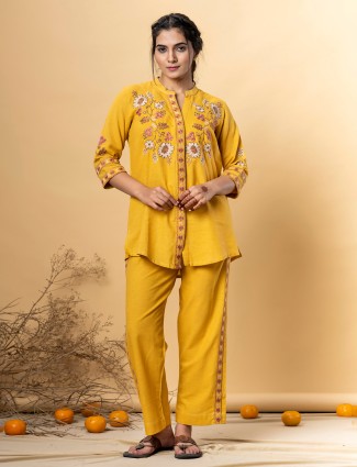 Mustard yellow cotton silk embroidered co ord set