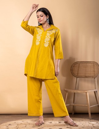 Mustard yellow silk embroidered co ord set