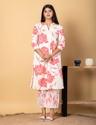 Off white and peach cotton silk printed kurti palazzo set