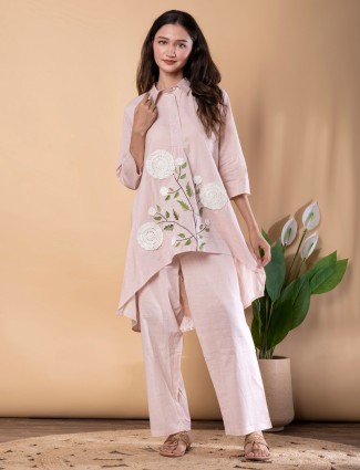 Pink cotton embroidered co ord set