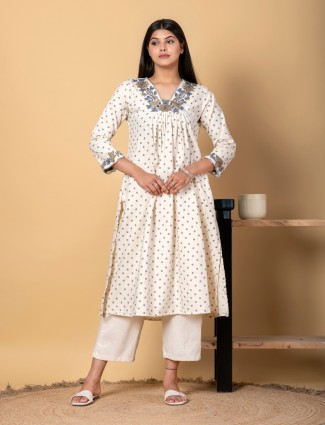 White cotton silk printed kurti palazzo set for women