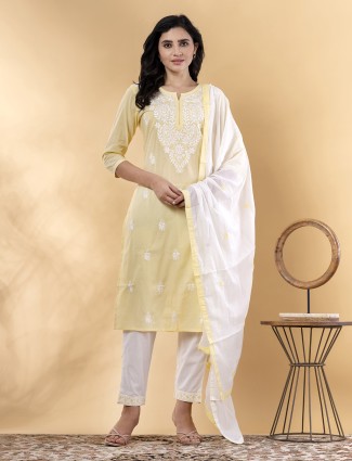 Yellow cotton straight cut kurti set with dupatta