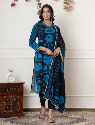 Black and blue printed silk kurti set
