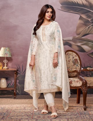 Cream silk salwar suit with dupatta for women