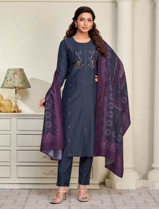 Dark grey silk yoke style embroidered salwar suit