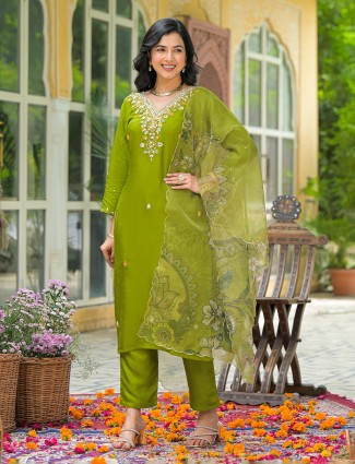 Green silk straight cut kurti set