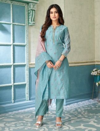 Light blue cotton silk salwar suit with embroidery