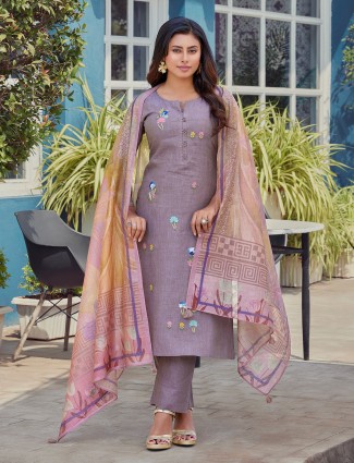 Lilac purple cotton salwar suit with thread work