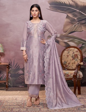 Lilac purple silk salwar suit with embroidery detailing