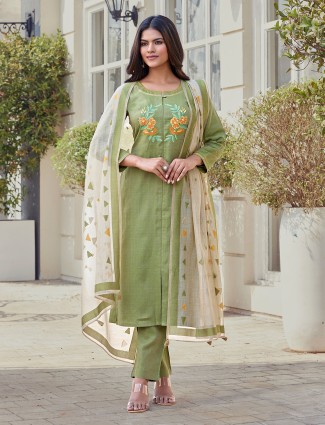 Pista green cotton silk thread work salwar suit