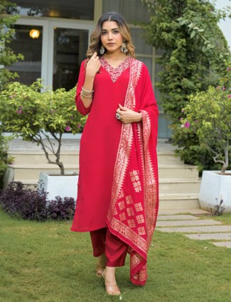 Red silk kurti set with zari weaving dupatta
