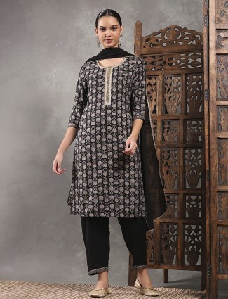 Black printed cotton silk kurti set for women