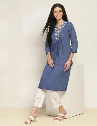 Blue cotton kurti for casual with V neck style