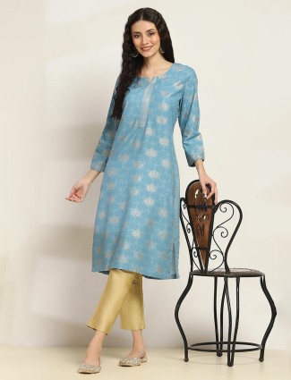 Blue cotton silk printed kurti for women