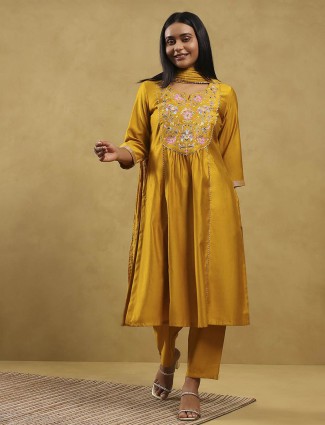 Yellow festive wear silk kurti set