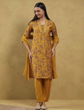 Yellow printed kurti set in soft silk
