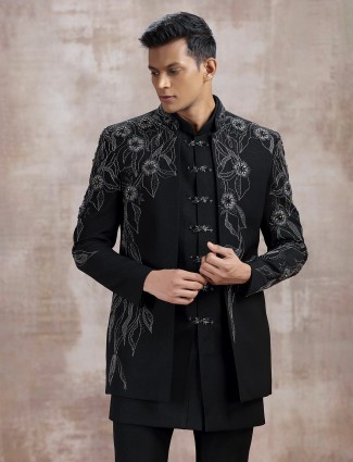 Black terry rayon indo western with cutdana