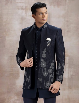Navy terry rayon indo western with beads
