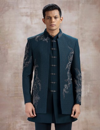 Teal blue terry rayon indo western