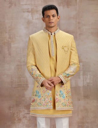 Yellow silk indo western for wedding wear