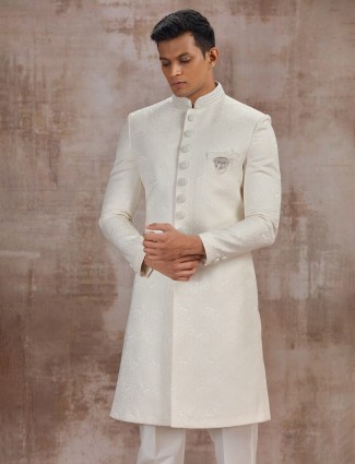 Cream jacquard groom sherwani for wedding ceremony