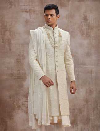 Cream lucknowi georgette peshwai groom sherwani with dupatta