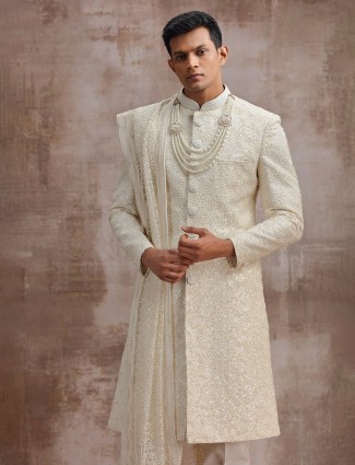 Cream lucknowi georgette grooms wedding sherwani with dupatta