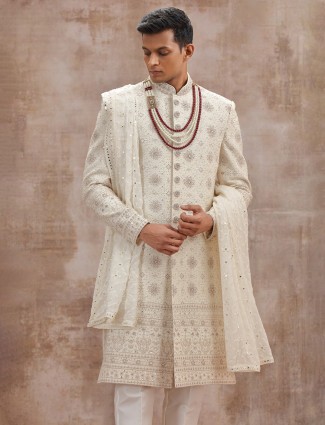 Cream lucknowi georgette sherwani wedding set with dupatta