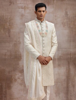 Classic cream lucknowi georgette wedding sherwani with dupatta