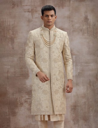 Gold art silk peshwai sherwani with dupatta for groom