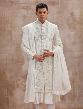 White lucknowi georgette peshwai groom sherwani with dupatta