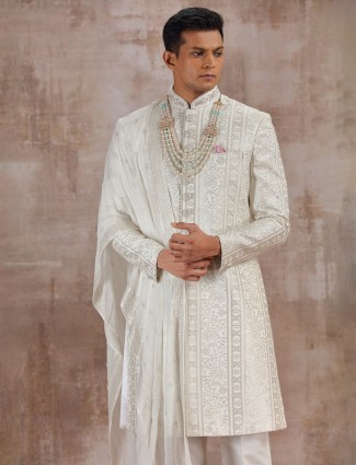Regal white lucknowi georgette sherwani with dupatta