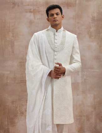 White lucknowi georgette sherwani wedding outfit with dupatta